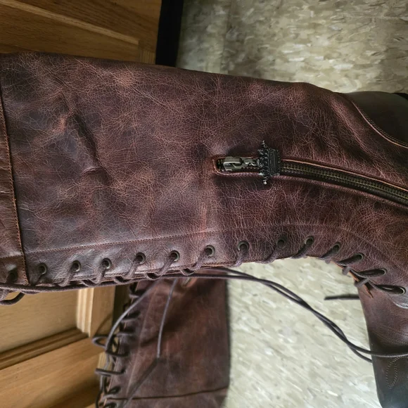 Red and Brown Lace Up Boots with Distressed Leather - Picture 5 of 8